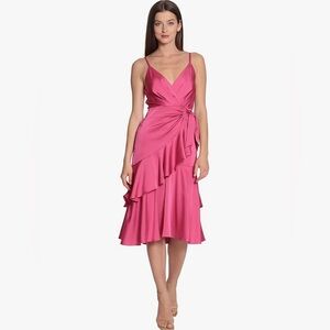 Faux Wrap Satin Ruffled hem Magenta Pink Midi Dress Size 8 Wedding guest Flowy